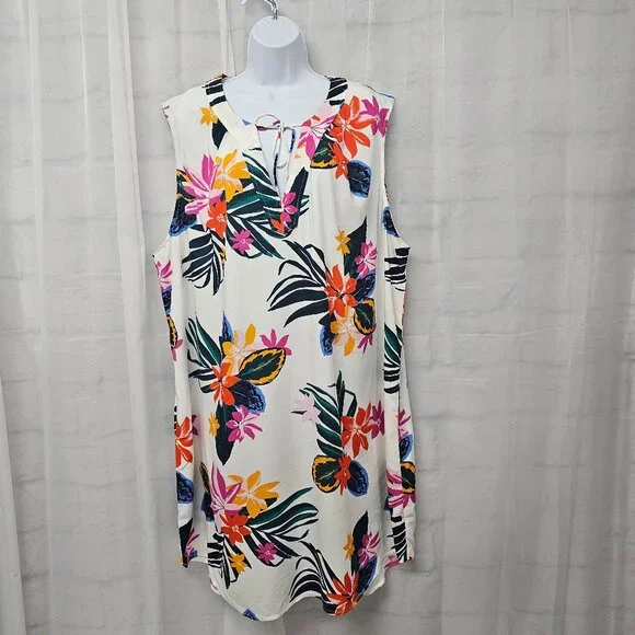 Old Navy Dress Tropical Floral Hawaiian Sleeveless White Orange 2XL - Picture 10 of 10